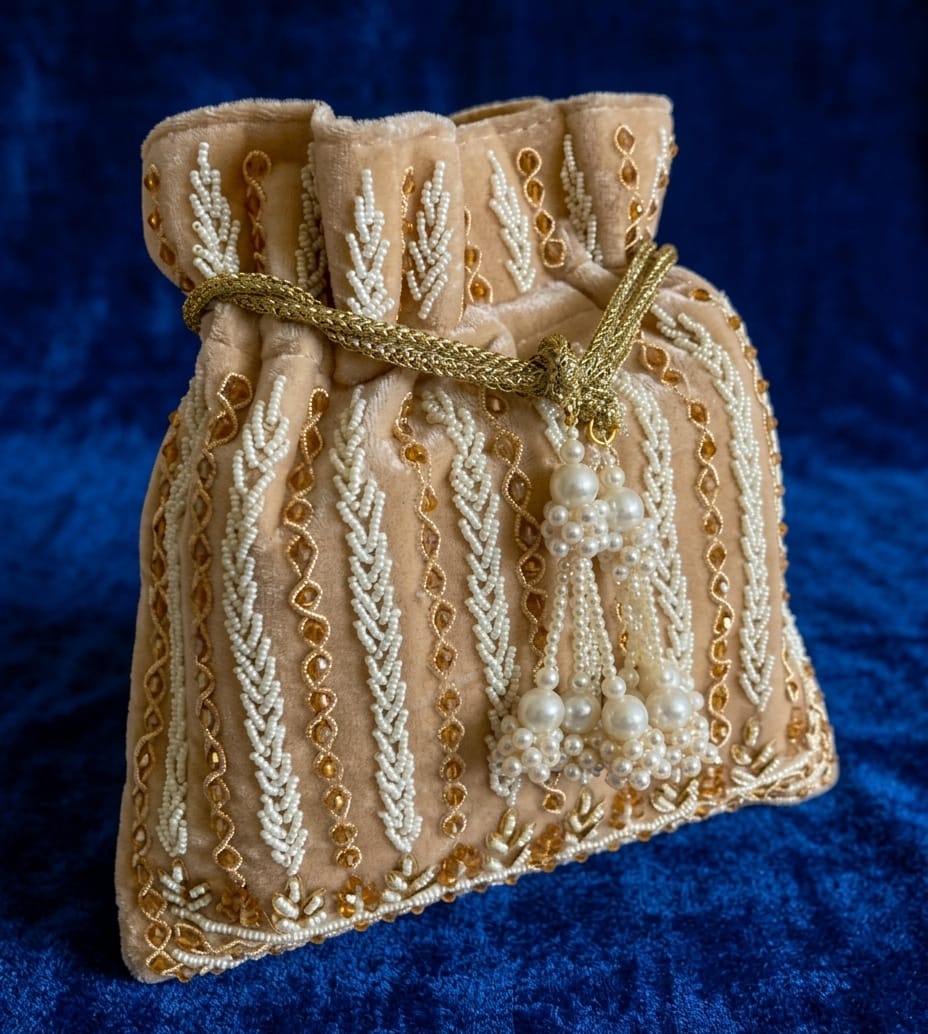 Handcrafted Pearl & Gold Embroidered Velvet Potli / Purse