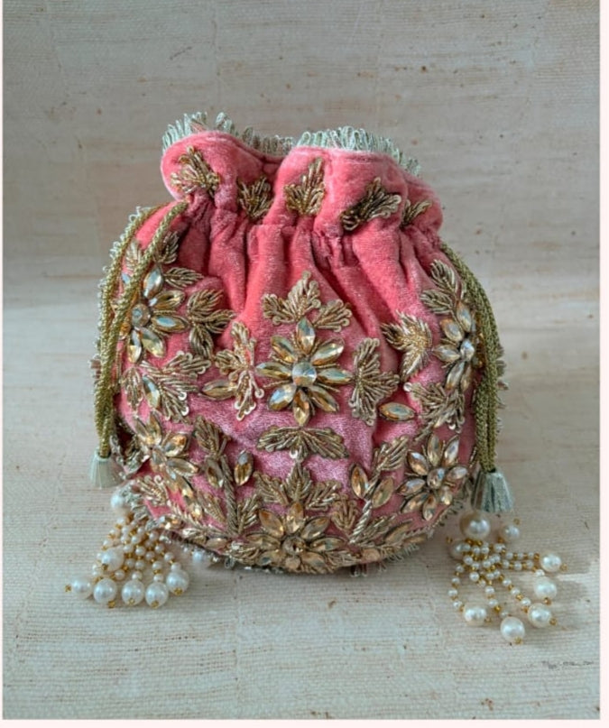 Handcrafted Pearl Embroidered Velvet Potli / Purse