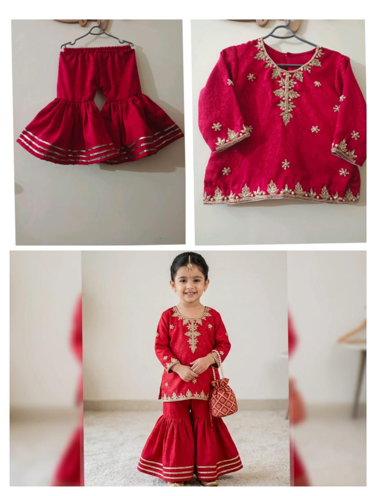 Red & Gold Girls’ Gharara Suit with Matching Potli