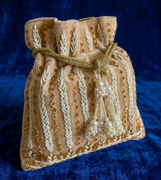 Handcrafted Pearl & Gold Embroidered Velvet Potli / Purse