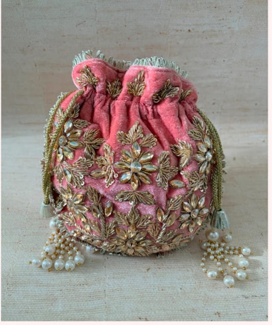 Handcrafted Pearl Embroidered Velvet Potli / Purse