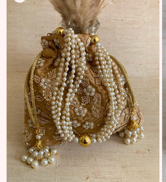 Handcrafted Pearl & Gold Embroidered Velvet Potli / Purse