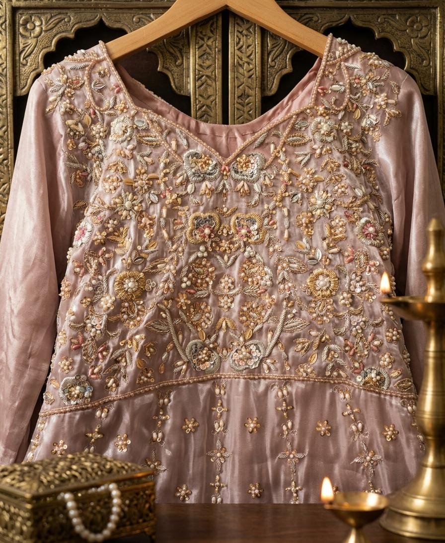Blush Pink Heavily Embellished Bridal Pishwas Lehenga Set