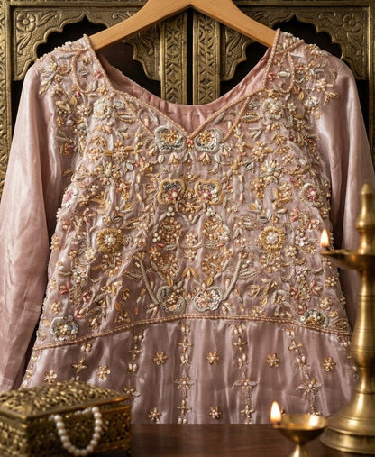 Blush Pink Heavily Embellished Bridal Pishwas Lehenga Set