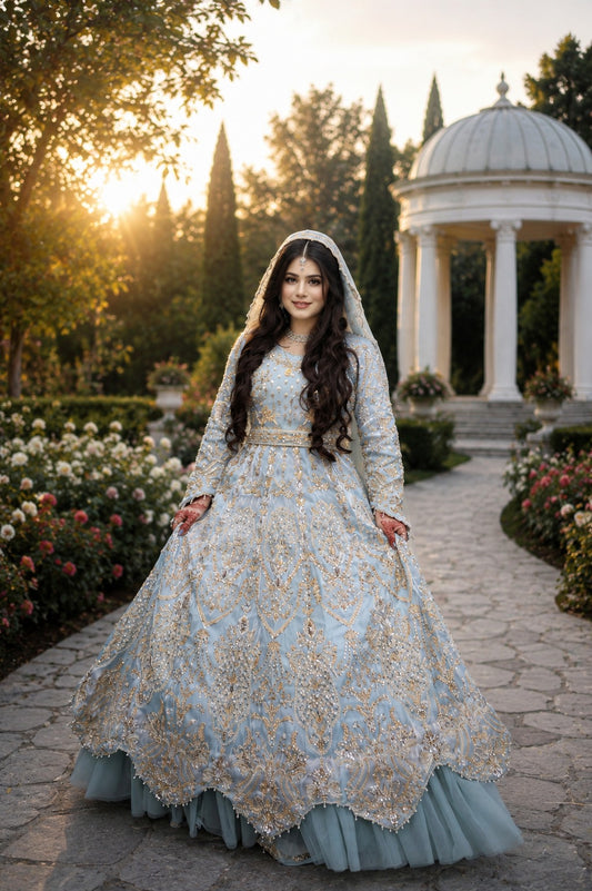 Flared Ice Blue Bridal Maxi Gown