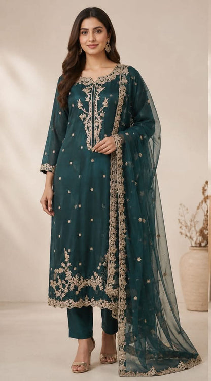 Deep Teal Embroidered 3-Piece Salwar Kameez – Luxury Pakistani Pret