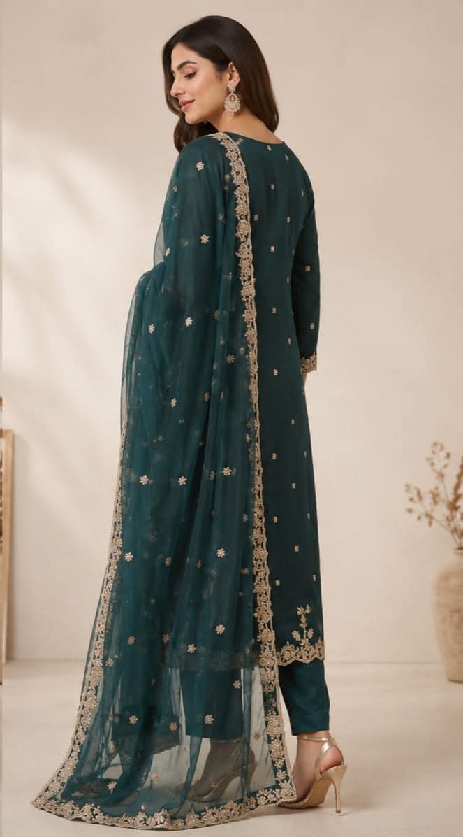 Deep Teal Embroidered 3-Piece Salwar Kameez – Luxury Pakistani Pret