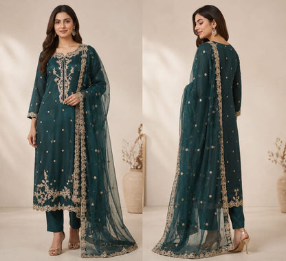 Deep Teal Embroidered 3-Piece Salwar Kameez – Luxury Pakistani Pret