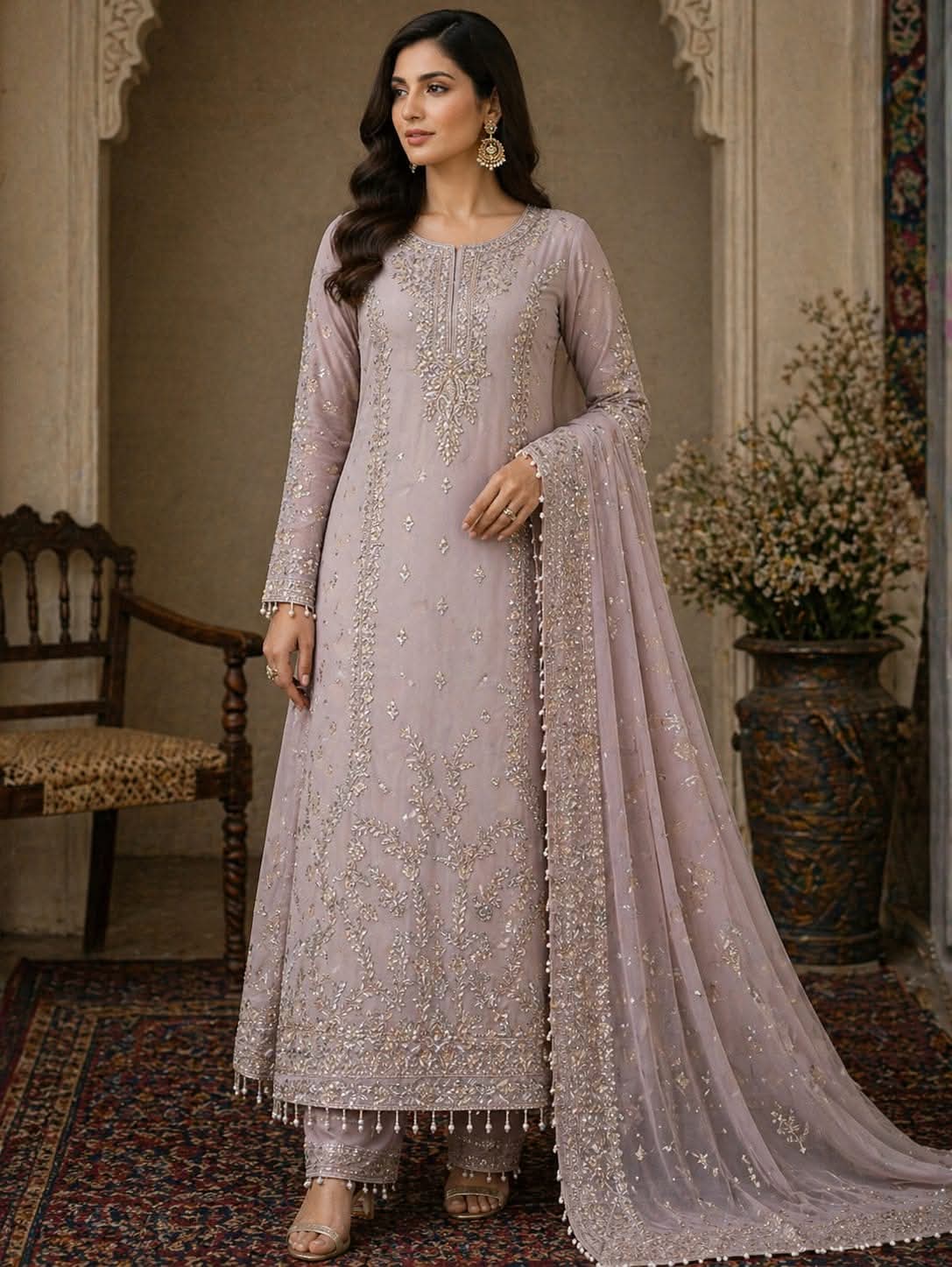 Baroque Embroidered Net – Light Lavender
