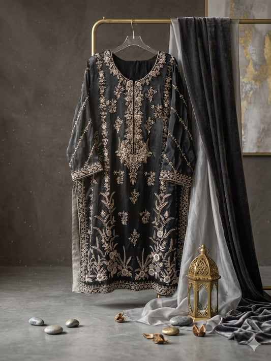 Black Embroidered Velvet Straight Shirt – Tilla & Kora Handwork