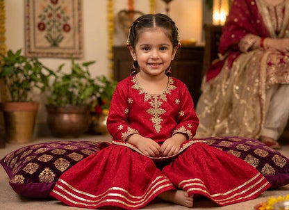 Red & Gold Girls’ Gharara Suit with Matching Potli