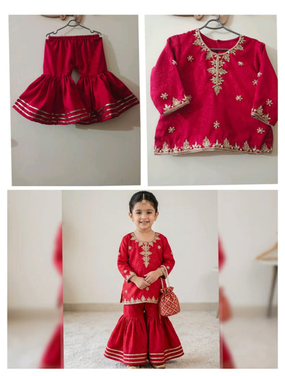 Red & Gold Girls’ Gharara Suit with Matching Potli