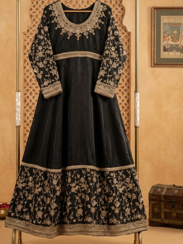 Heavy Embroidered Black Silk Anarkali Gown / Long Maxi Dress