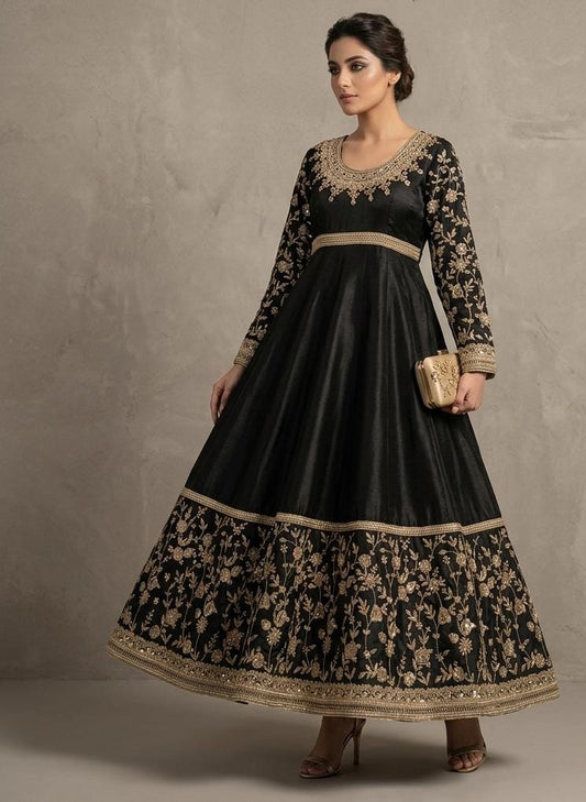 Heavy Embroidered Black Silk Anarkali Gown / Long Maxi Dress