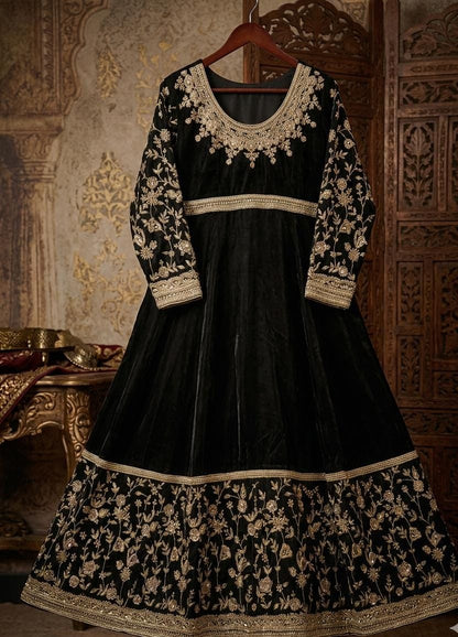 Heavy Embroidered Black Silk Anarkali Gown / Long Maxi Dress