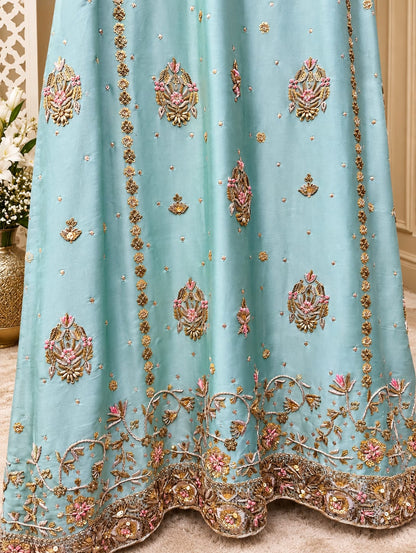 Naura Luxe Sea-Mist Green Embroidered Silk Suit