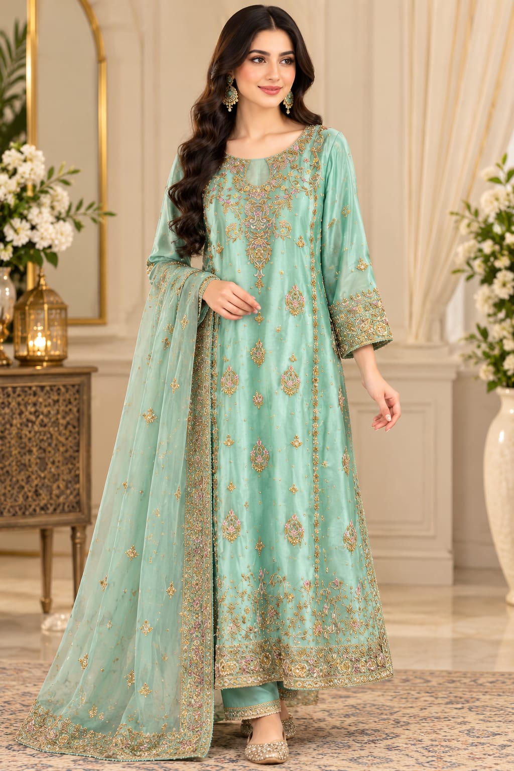 Naura Luxe Sea-Mist Green Embroidered Silk Suit
