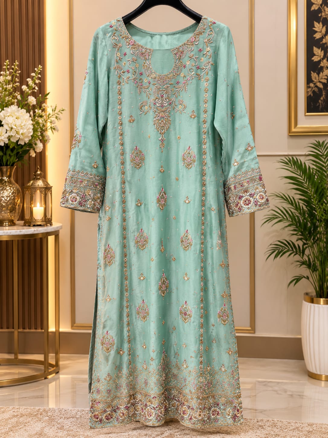 Naura Luxe Sea-Mist Green Embroidered Silk Suit