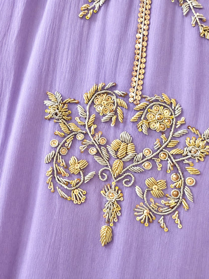 Hand-Embroidered Lavender Chiffon Suit