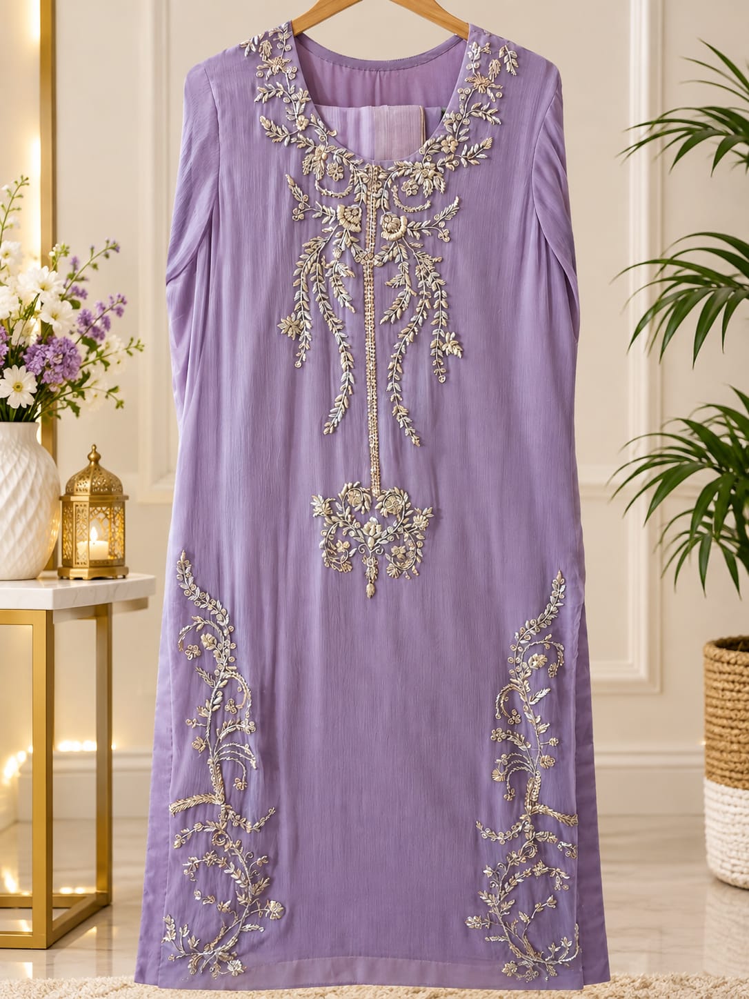 Hand-Embroidered Lavender Chiffon Suit