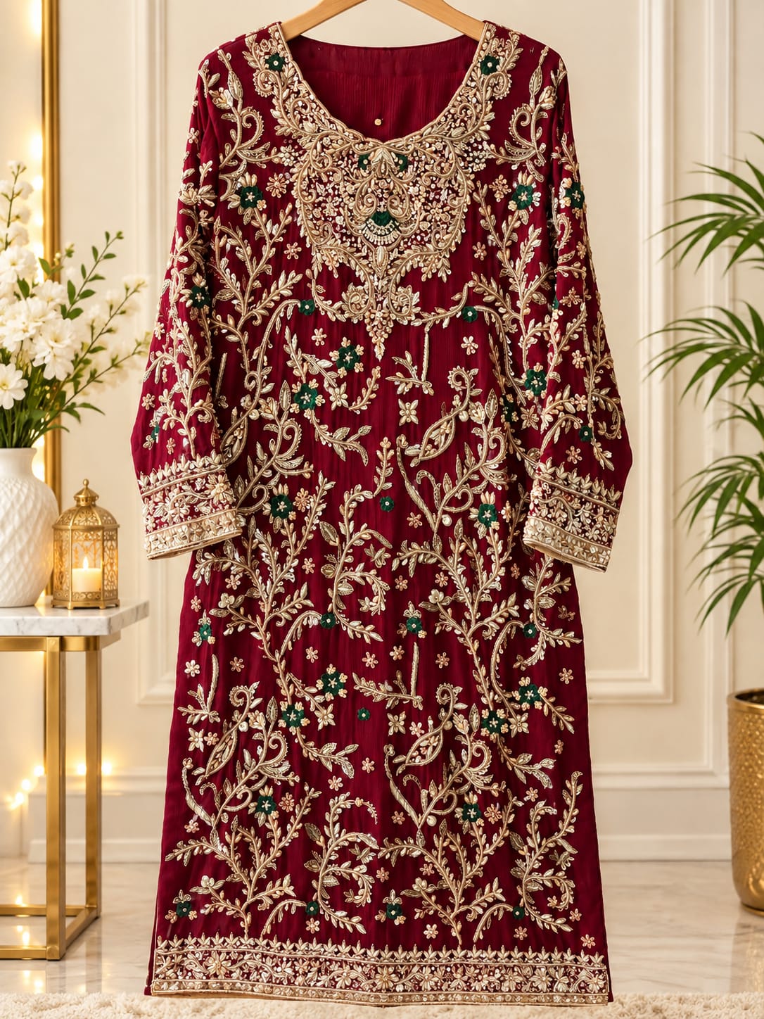Maroon Heavily Embroidered Kurta – Hand-Embroidered Luxury Suit
