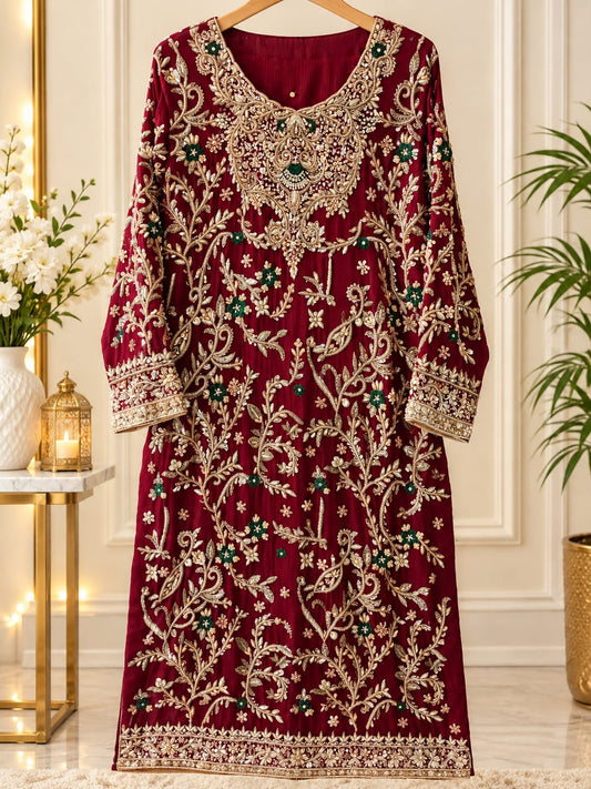 Maroon Heavily Embroidered Kurta – Hand-Embroidered Luxury Suit