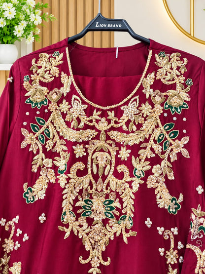 Hand-Embellished Zardozi Raw Silk Suit