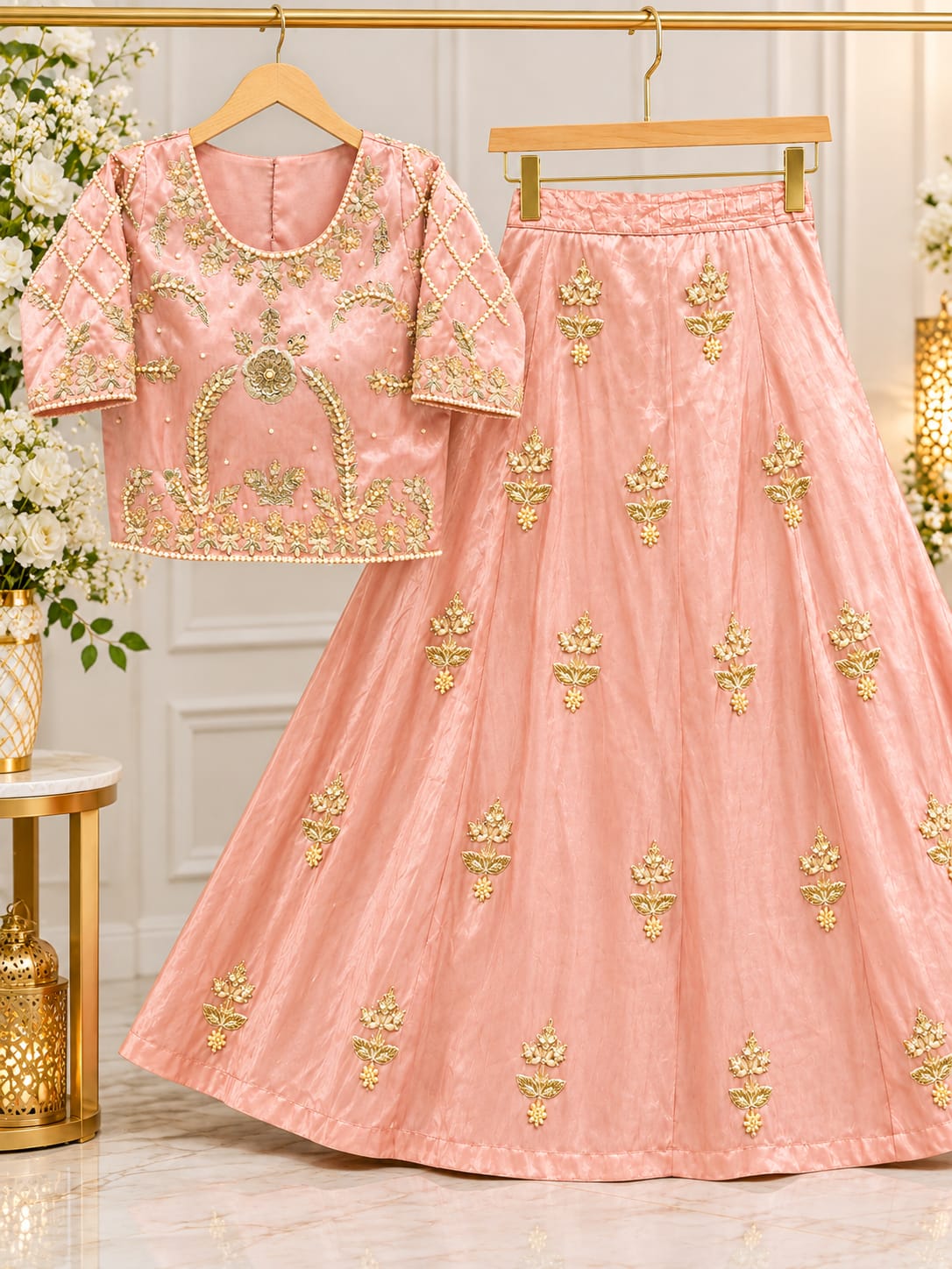 Hand-Embroidered Silk Lehenga Choli , Designer Baby Pink Festive Lehenga Set