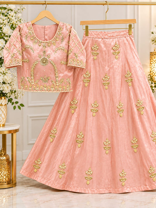 Hand-Embroidered Silk Lehenga Choli , Designer Baby Pink Festive Lehenga Set