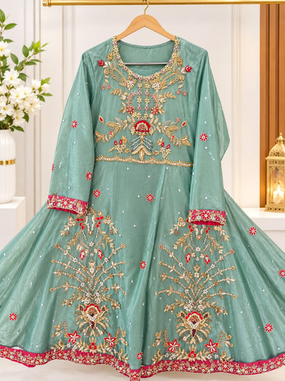 Mint Green Festive Embroidered Anarkali Sharara Suit
