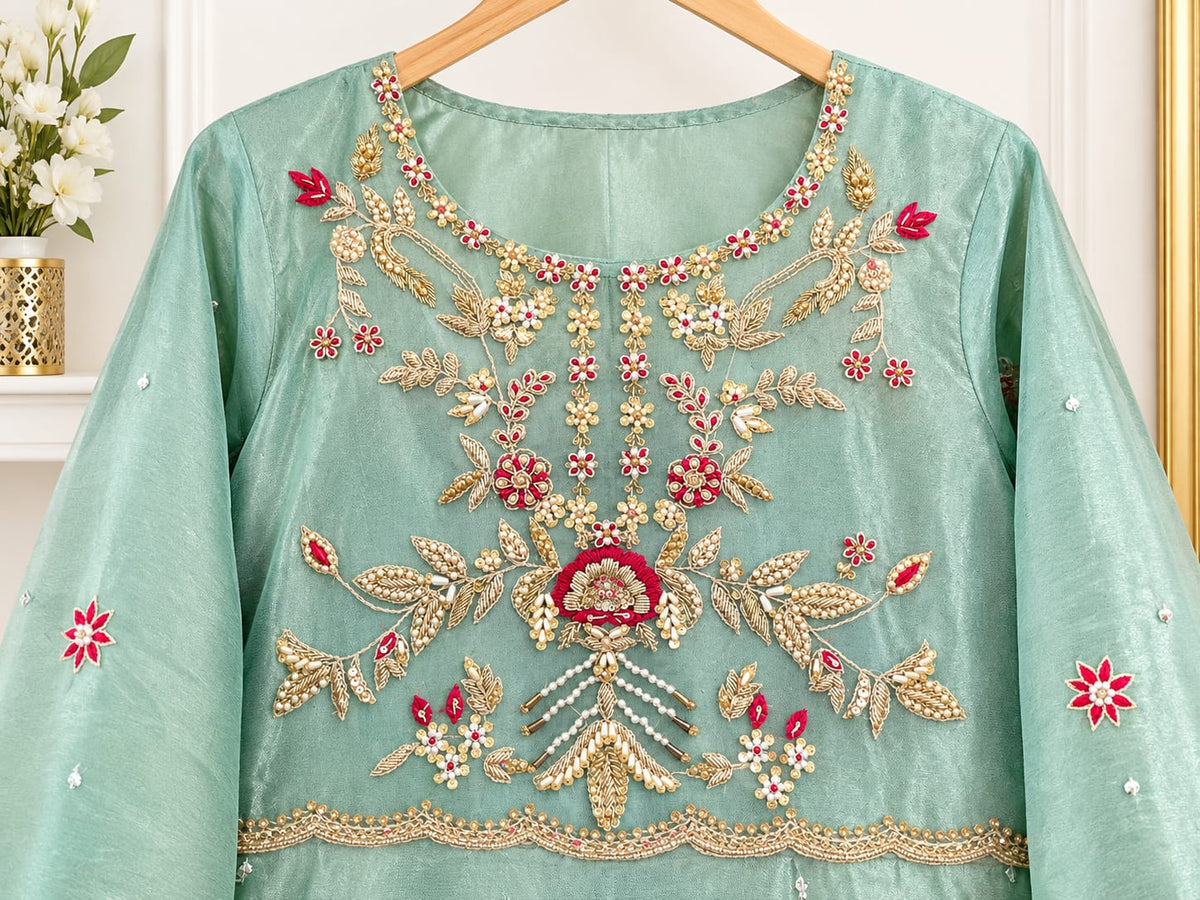Mint Green Festive Embroidered Anarkali Sharara Suit