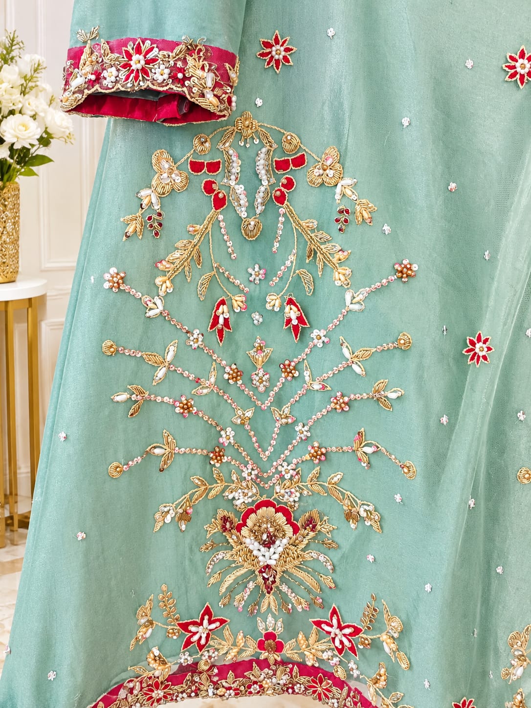 Mint Green Festive Embroidered Anarkali Sharara Suit