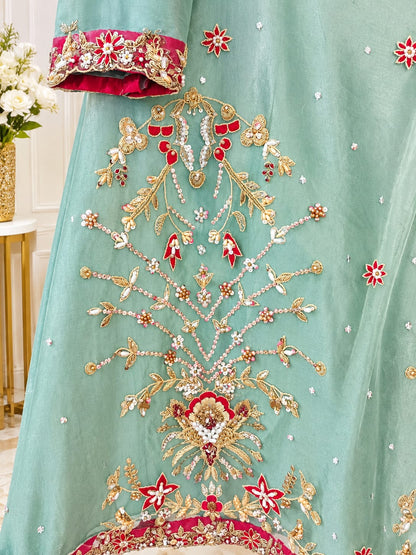 Mint Green Festive Embroidered Anarkali Sharara Suit