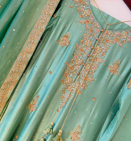 Mint Green Embellished Silk Kalidaar Anarkali Set