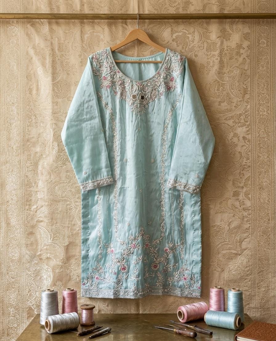 Hand-Embellished Silk Kurti / Embroidered Raw Silk Shirt (Kameez)