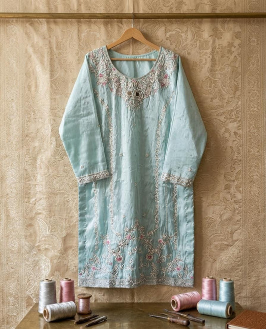 Hand-Embellished Silk Kurti / Embroidered Raw Silk Shirt (Kameez)