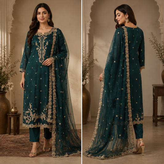 Deep Teal Embroidered 3-Piece Salwar Kameez – Luxury Pakistani Pret